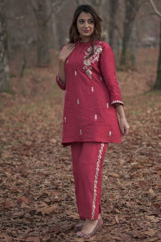 Exclusive Red Art Silk Embroidered Co-Ord Set