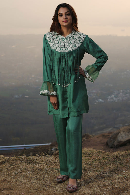 Exclusive Teal Green Cotton Embroidered Co-Ord Set
