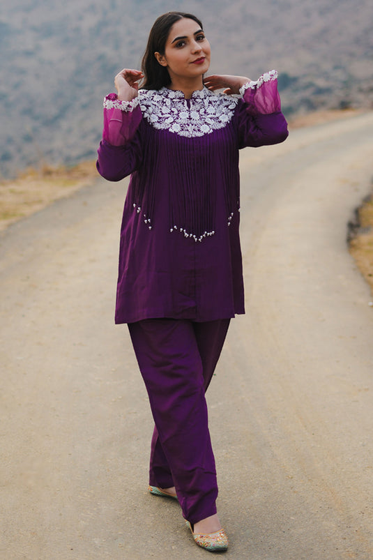 Exclusive Purple Cotton Embroidered Co-Ord Set