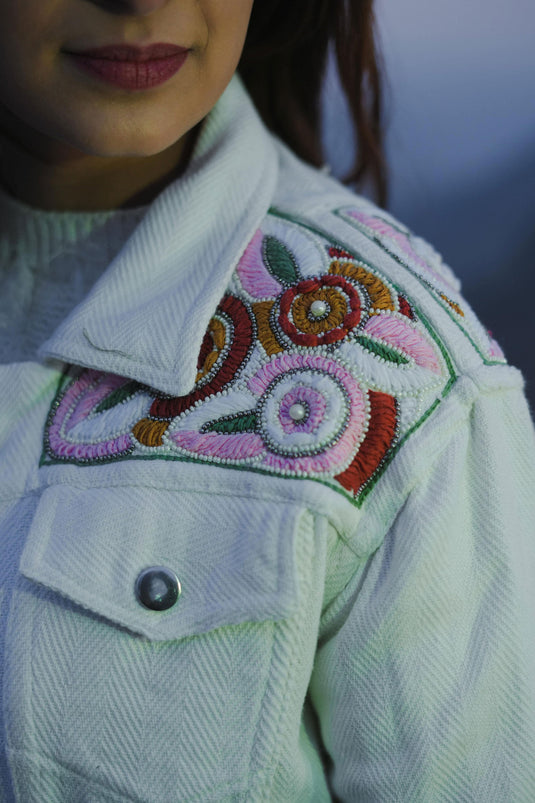 Exclusive White Cotton Embroidered Jacket Set