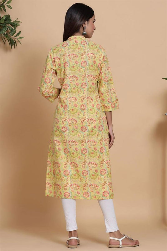 Yellow Color Cotton Fabric Casual Wear Straight Cut Kurti