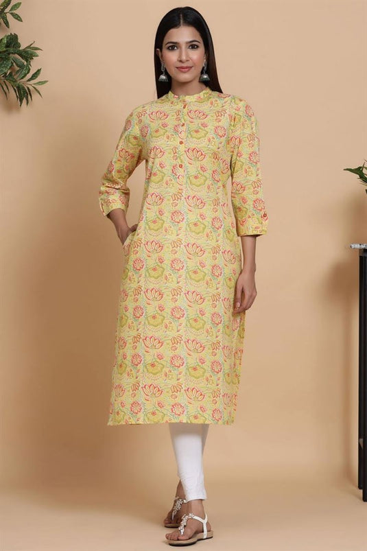 Yellow Color Cotton Fabric Casual Wear Straight Cut Kurti