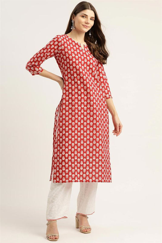 Daily Wear Cotton Fabric Red Color Ingenious Printed Designs Kurti