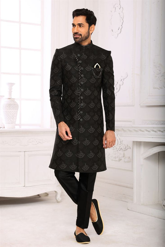Captivating Brocade Fabric Black Color Indo Western For Men