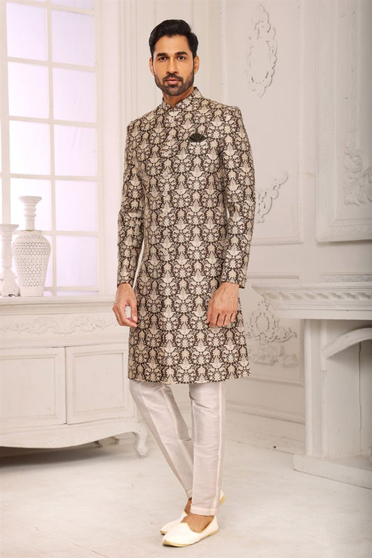 Royal Mehendi Green Color Brocade Fabric Indo Western For Men
