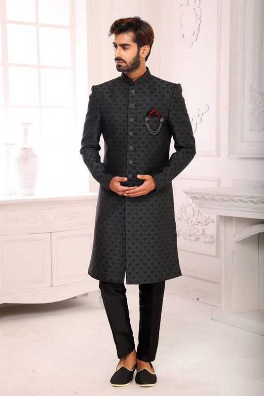 Blissful Dark Grey Color Brocade Fabric Indo Western For Men