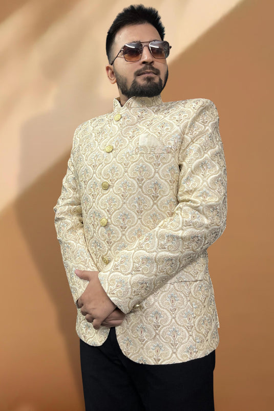 Beautiful Cream Color Party Wear Readymade Blazer For Men In Silk Fabric