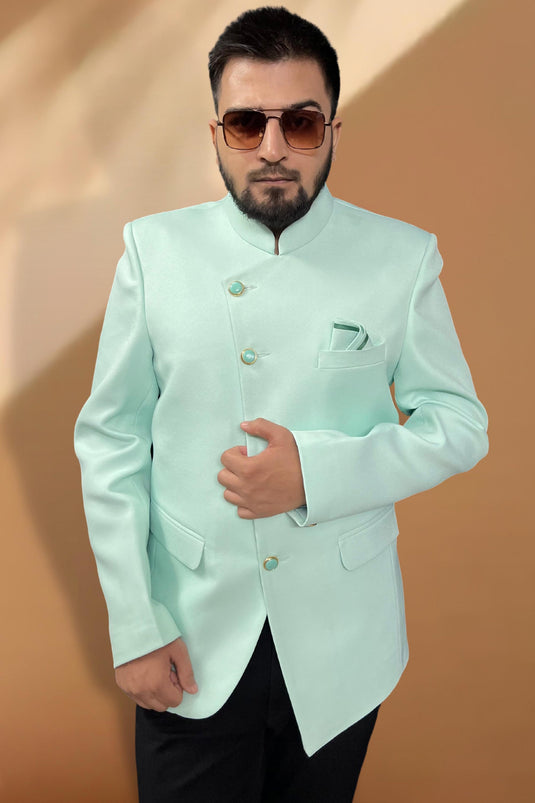 Fancy Wedding Wear Attractive Readymade Men Blazer In Sea Green Color