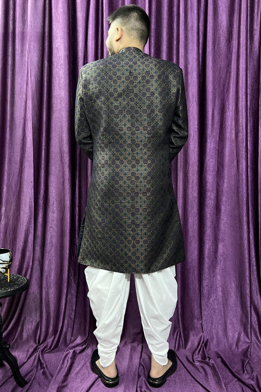 Beautiful Dark Green Color Wedding Wear Readymade Peshawari Style Indo Western For Men In Jacquard Fabric