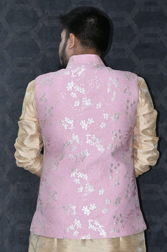 Jacquard Wedding Wear Readymade Designer Men Pink Color Jacket