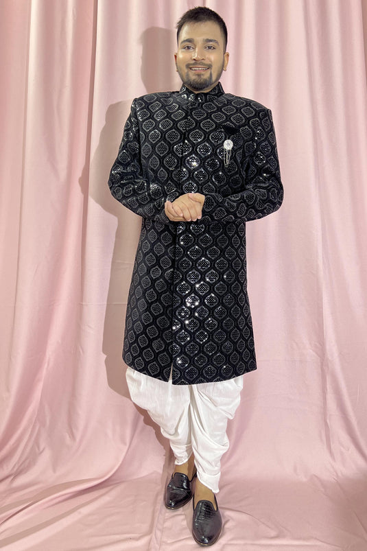 Black Wedding Wear Readymade Glamorous Indo Western For Men In Velvet Fabric