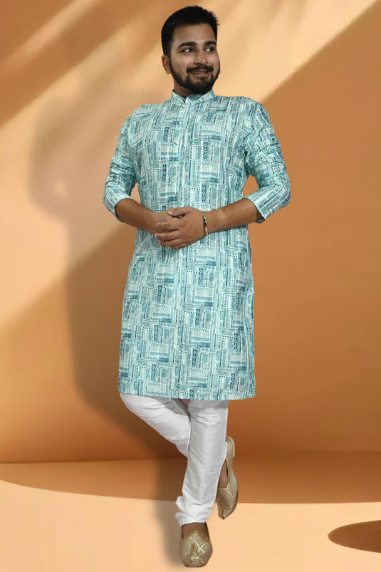 Light Cyan Jacquard Fabric Readymade Kurta Pyjama For Men