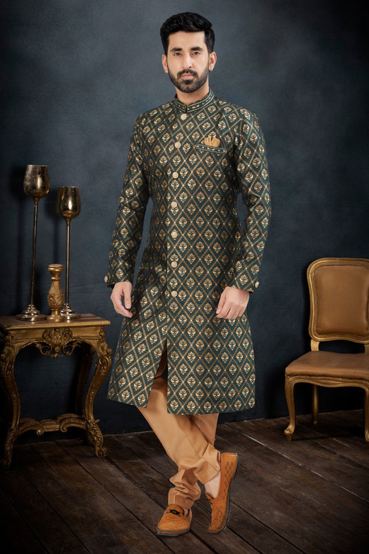 Green Color Banarasi Jacquard Fabric Wedding Wear Striking Readymade Indo Western Suit For Men