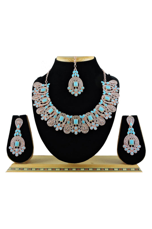 Cyan Color Alloy Material Princely Necklace With Earrings And Mang Tikka