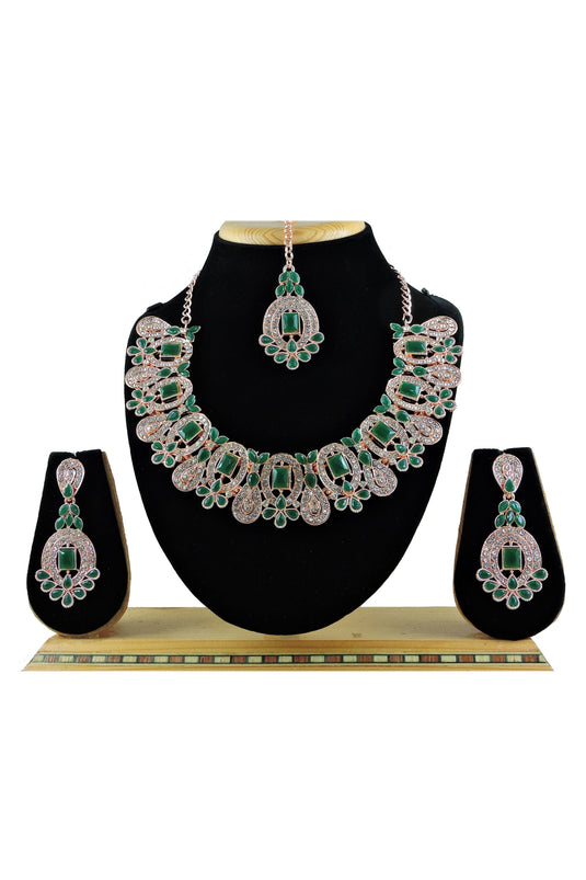 Alloy Material Green Color Patterned Necklace With Earrings And Mang Tikka