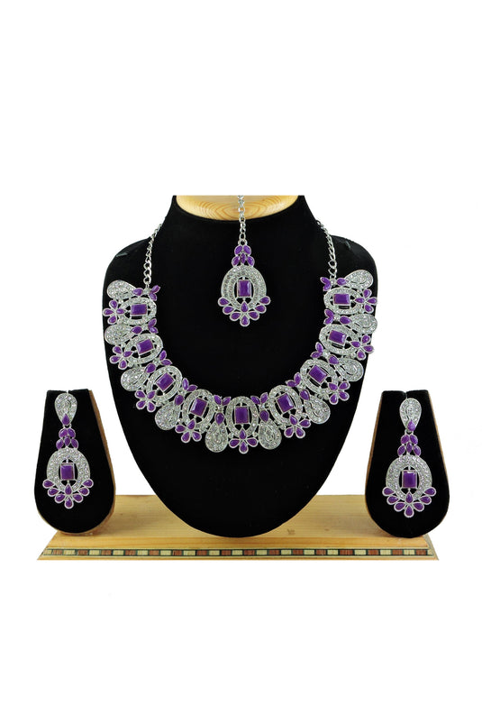 Trendy Alloy Material Purple Color Necklace With Earrings And Mang Tikka