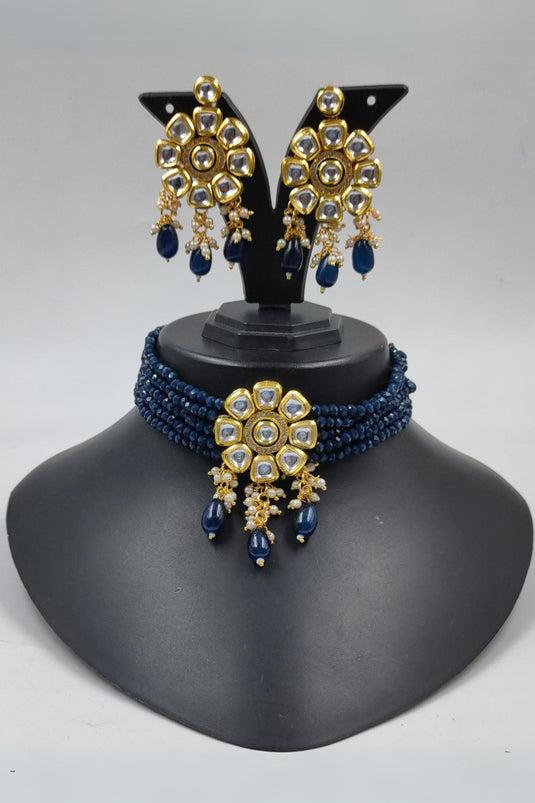 Embellished Navy Blue Color Alloy Material Designer Necklace with Earrings