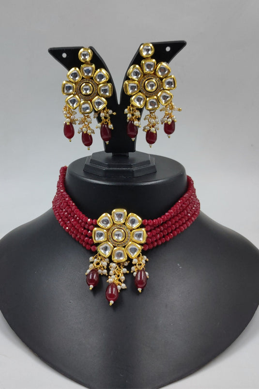 Glamorous Maroon Color Alloy Material Designer Necklace with Earrings