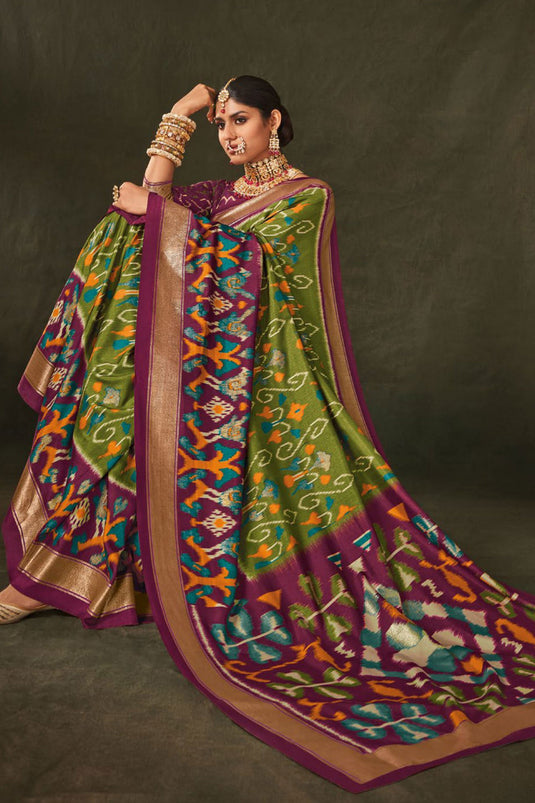 Excellent Art Silk Fabric Green Color Saree With Printed Work