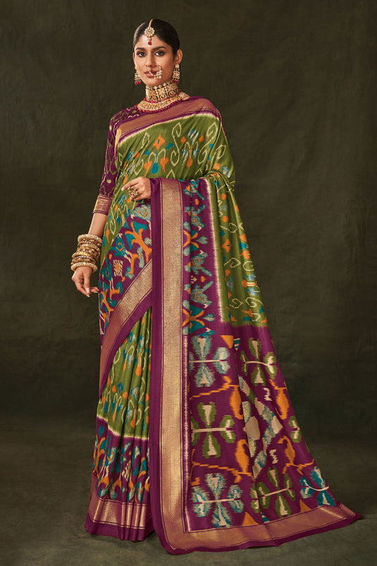 Excellent Art Silk Fabric Green Color Saree With Printed Work
