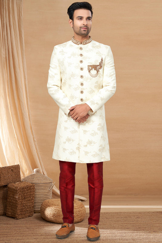 Beautiful Jacquard Fabric Readymade Indo Western For Men In White Color