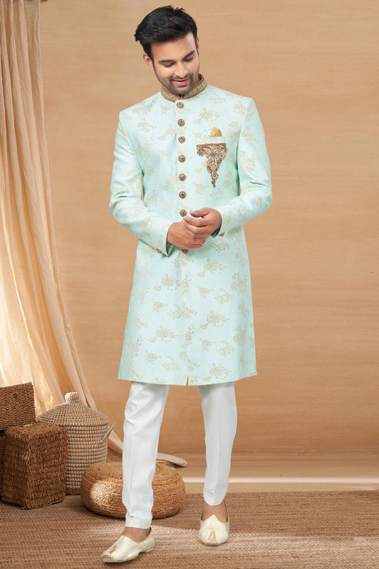 Jacquard Fabric Sea Green Color Readymade Men Stylish Indo Western