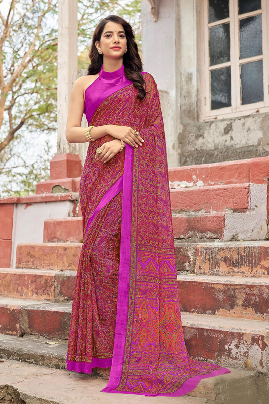 Pink Color Chiffon Fabric Alluring Casual Abstract Printed Saree