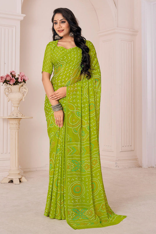 Casual Look Enticing Chiffon Printed Saree In Olive Color