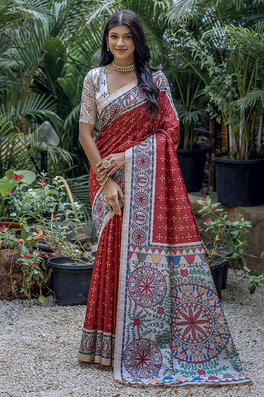 Soft Tussar Silk Maroon Color Fancy Printed Casual Saree