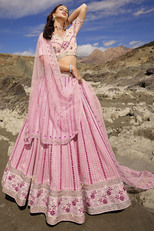 Georgette Fabric Pink Color Wedding Wear 3 Piece Lehenga Choli With Fancy Work