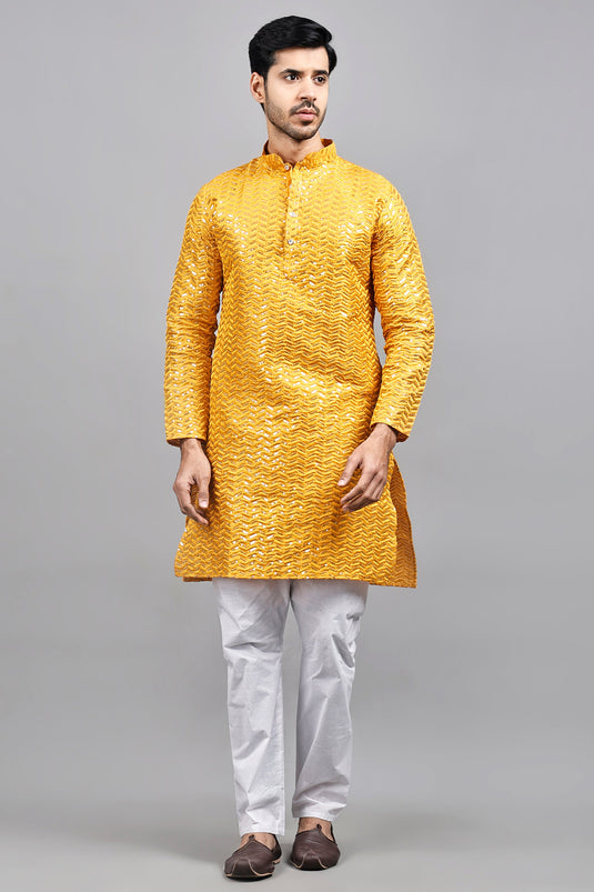 Orange Color Art Silk Fabric Festive Wear Captivating Readymade Kurta Pyjama For Men
