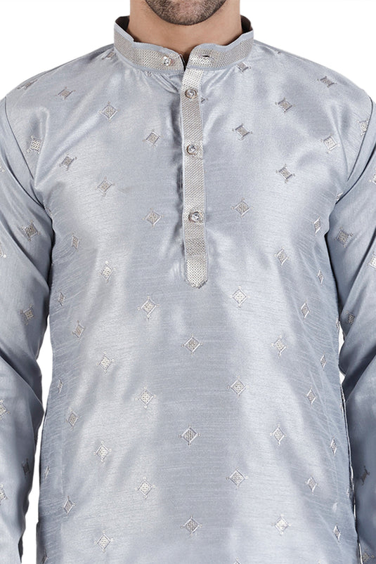 Art Silk Fabric Function Wear Pretty Grey Color Readymade Kurta Pyjama For Men