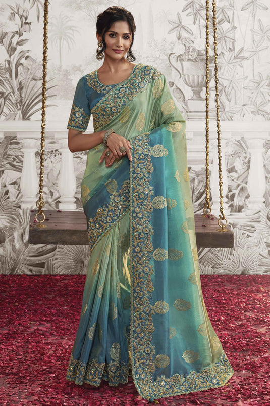 Imperial Sea Green Color Heavy Embroidery Work Fancy Fabric Saree With Party Look Blouse