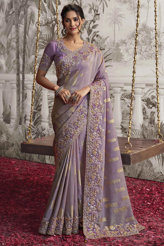 Tempting Fancy Fabric Lavender Color Heavy Embroidery Work Saree With Party Look Blouse