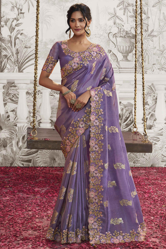 Classic Heavy Embroidery Work Purple Color Fancy Fabric Saree With Party Look Blouse