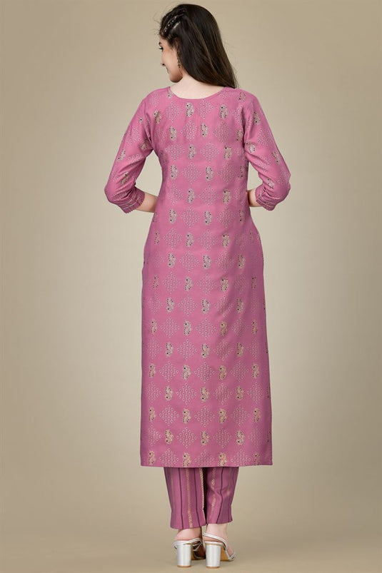 Charming Pink Color Rayon Fabric Kurti With Pant