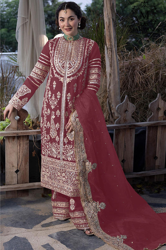 Georgette Fabric Maroon Color Excellent Pakistani Replica Palazzo Suit