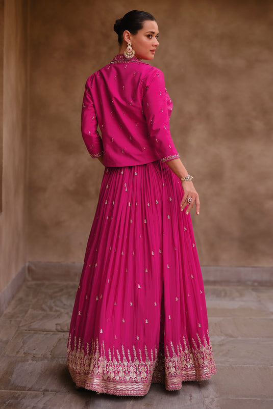 Chinon Fabric Embroidered Rani Color Readymade Indo Western Lehenga With Jacket