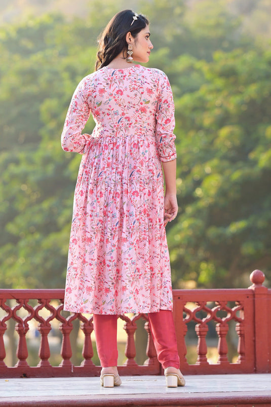 Art Silk Fabric Rani Color Riveting Anarklai Suit With Printed Work
