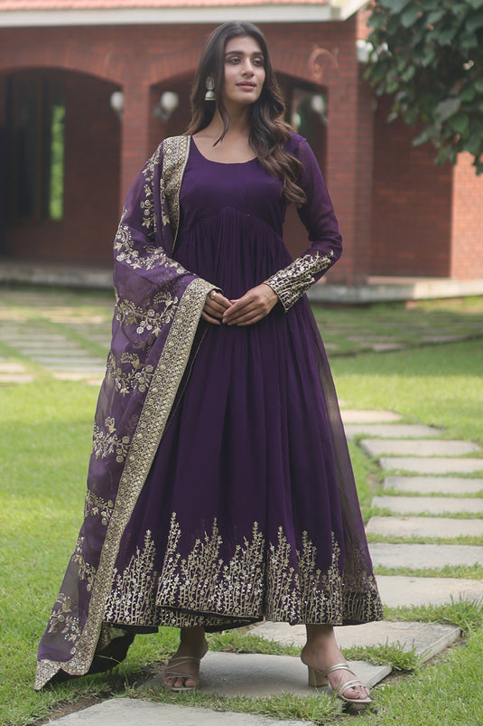 Purple Color Embroidered Readymade Long Gown With Dupatta