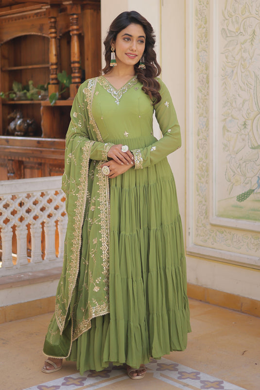 Georgette Fabric Green Color Embroidered Readymade Anarkali Style Long Gown With Dupatta