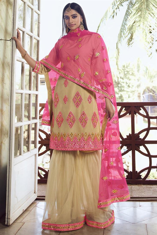 Exclusive Chic Festive Wear Beige Color Embroidered Sharara Suit In Organza Fabric