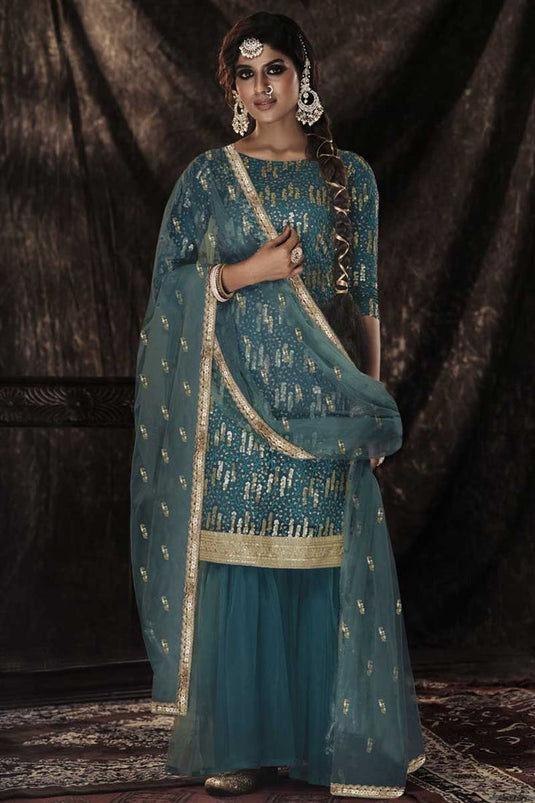 Exclusive Teal Color Net Fabric Function Wear Special Sharara Suit With Sequins Work