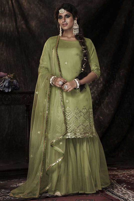 Exclusive Green Color Net Fabric Function Wear Coveted Sharara Suit With Sequins Work
