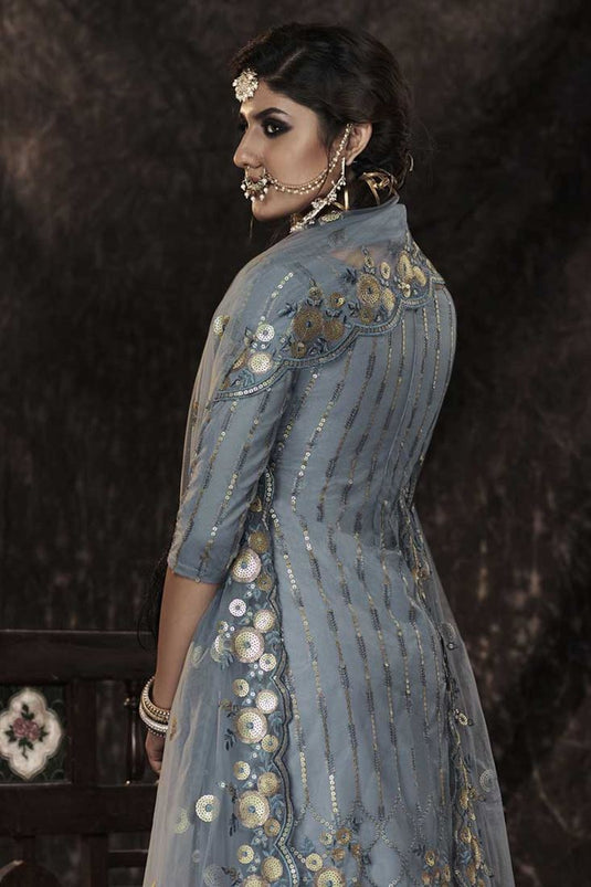 Exclusive Net Fabric Grey Color Function Wear Patterned Sharara Suit With Sequins Work
