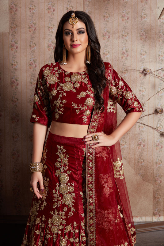 Exclusive Velvet Silk Maroon Embellished Wedding Wear Lehenga With Work