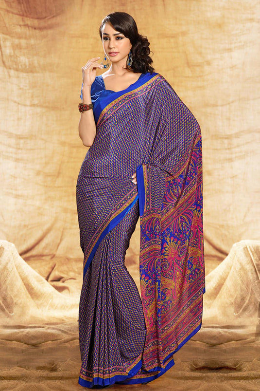 Dark Blue Color Crepe Fabric Occasion Wear Uniform Saree