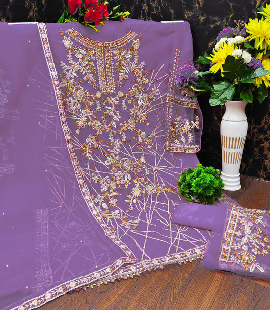 Party Wear Net Fabric Lavender Color Supreme Pakistani Replica Suit