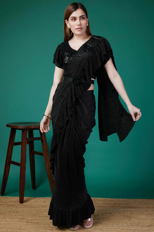 Imposing Fancy Fabric Ready To Wear Crush Saree In Black Color