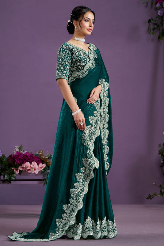 Green Color Pleasant Satin Silk Party Style Two Tone Saree